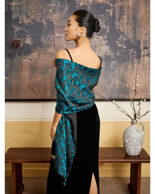 Silk and Bears Blue Mallard Rose Jacquard Silk Evening Shawl — Soirée Collection