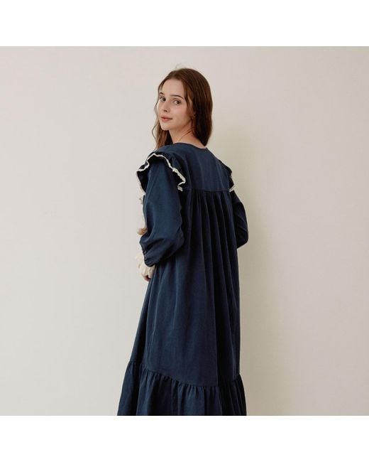 Luna Luz Blue Helen Cotton Square-Neck Long-Sleeve Nightdress