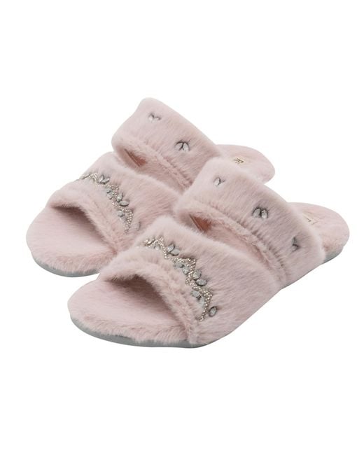 Rettrose Natural Abbie Dusky Luxury Plush Diamanté Embellished Handmade Slipper
