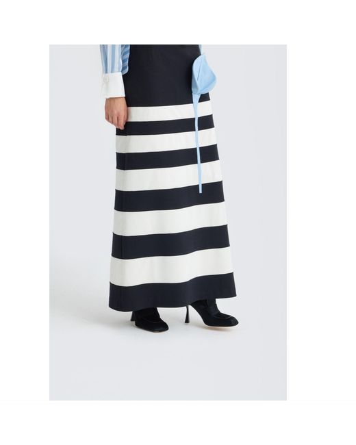 Julia Allert Black Contemporary Striped A-Line Skirt, Floral Detail–