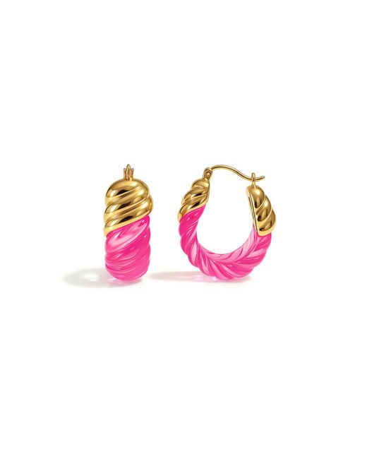 Gold & Honey Pink Tourmaline Rope Shrimp Lucite Birthstone Hoop Earrings
