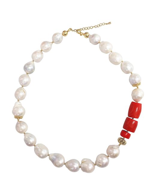 Farra Metallic Nugget Baroque Freshwater Pearls With Coral Choker
