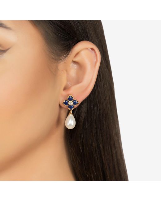 Latelita London Blue Flower Clover Pearl Drop Earrings Lapis Lazuli