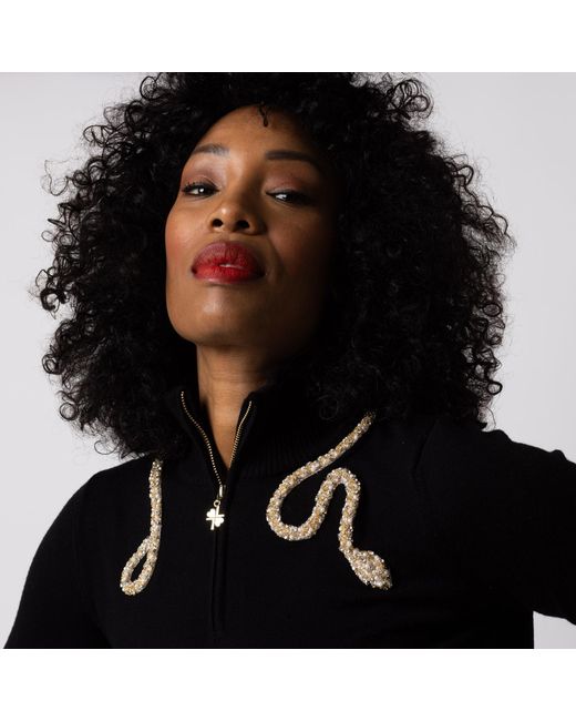 House of Laines London Black Laines Couture Quarter Zip Jumper With Embellished Crystal & Pearl Snake