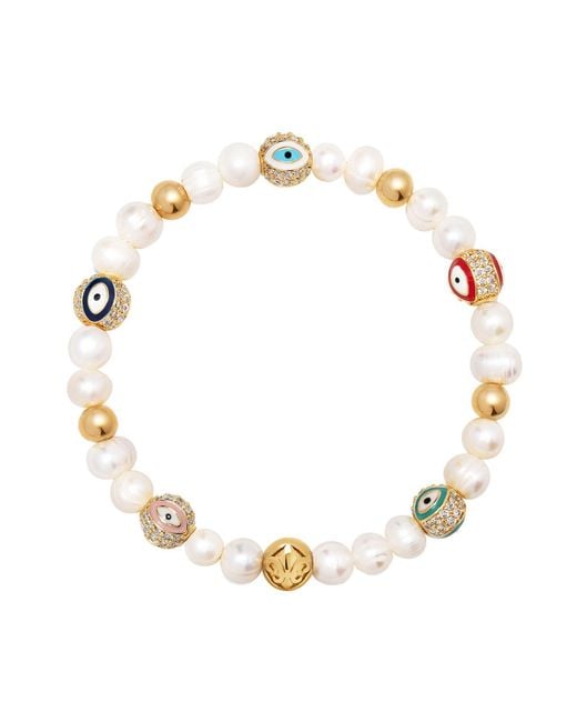 Nialaya Metallic Evil Eye Pearl Bracelet for men