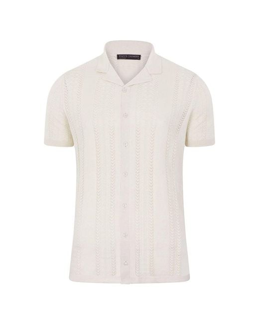 Paul James Knitwear White Ultra Fine Cotton Santiago Open Knit Cuban Collar Shirt for men