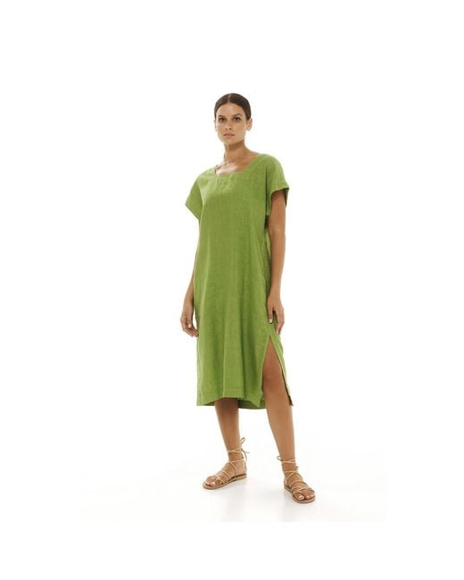 Haris Cotton Green Smock Linen Dress With Split Hem Avocado