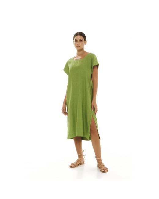 Haris Cotton Green Smock Linen Dress With Split Hem