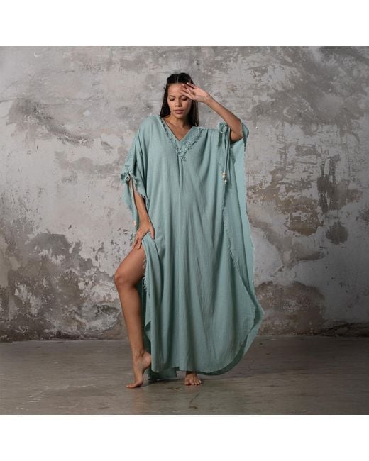 Zhenabia Green Boho Kaftan Summer Maxi Dress