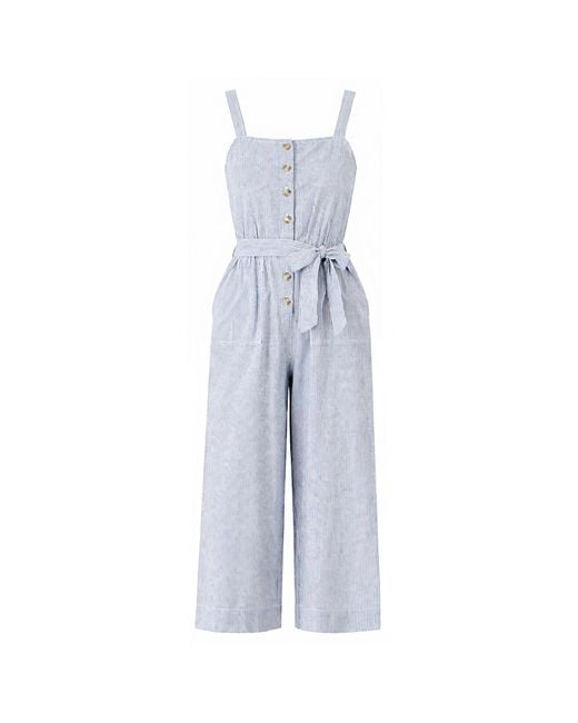 Yumi' Blue Cotton Stripe Button Through Jumpsuit