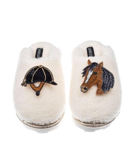 Laines London White Embellished Closed Toe Faux Fur Slippers