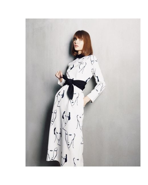 Julia Allert Natural White Designer Fitted Dress With Faces Print