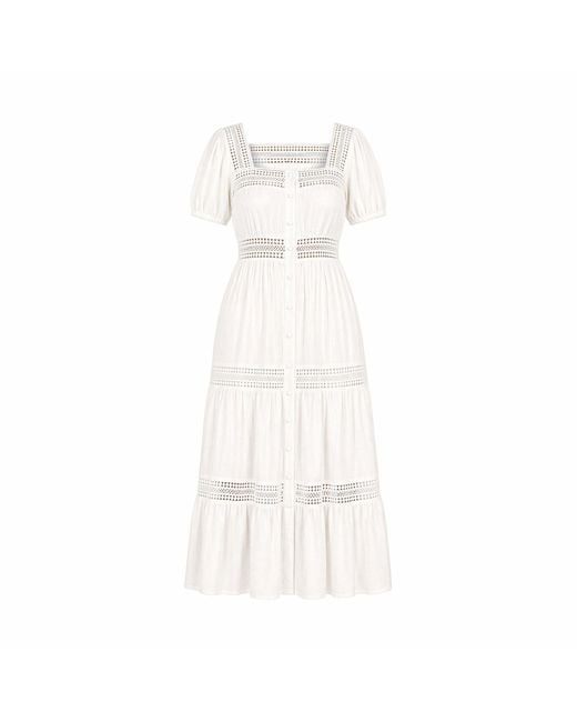 Yumi' White Cotton Square Neckline Lace Midi Dress