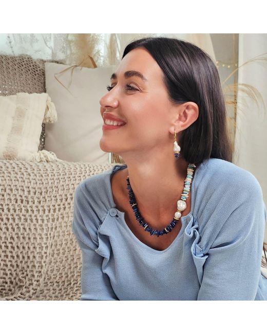 Farra White Elegant Baroque Pearl With Kyanite Earrings