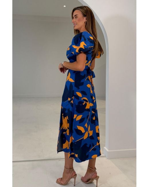 Girl In Mind Blue Shanice Cobalt & Floral Square Neck Midi Dress