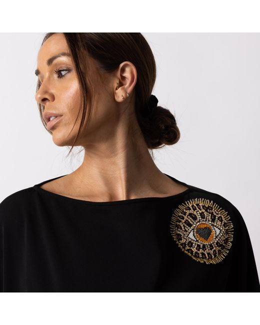 Laines London Black Laines Couture Asymmetric Blouse Cape With Embellished Leopard Heart Eye