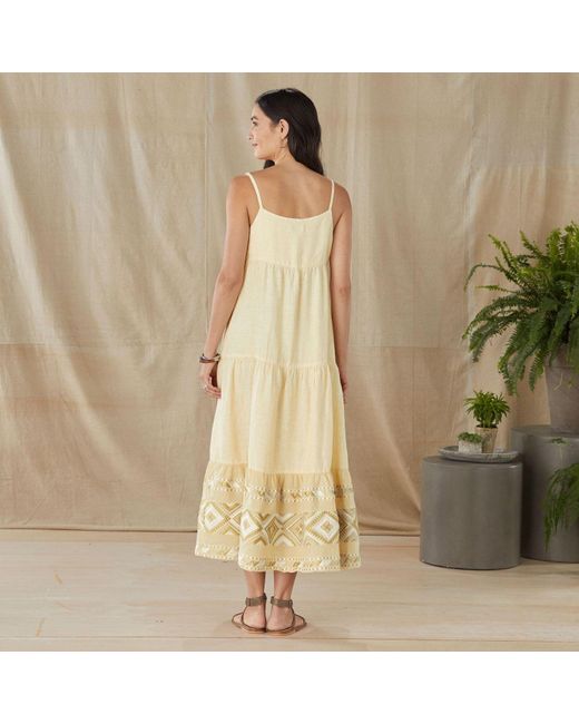 Haris Cotton Yellow Maxi Linen Strap Dress With Embroidered Panels On The Hem-Ecru
