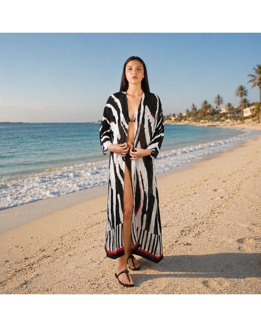 DHARA SHETH DUBAI Black Into The Wild And Stripe Zebra Print Kimono Dress