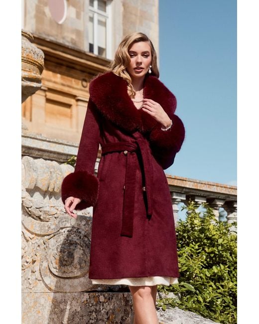Santinni Red Luxurious Cashmere-Wool Coat With Faux Fur