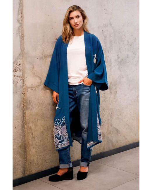 Artemis Muse Blue Origami & Hokusai Wave Embroidered Fully Lined Deep Long Kimono