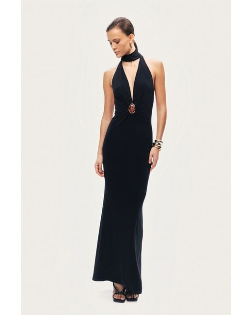 Nocturne Black Halter-Neck Draped Maxi Dress