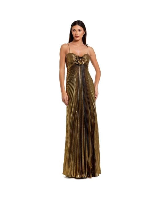 Mac Duggal Brown Sleeveless Metallic Pleated Gown With Flower Accent