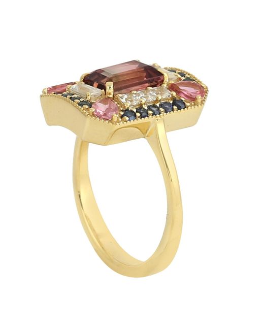 Artisan Pink Melon Tourmaline Cocktail Ring Yellow Gold Diamond Jewelry