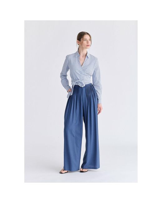 Paisie Blue Front Pleats Detail Wide Leg Trousers