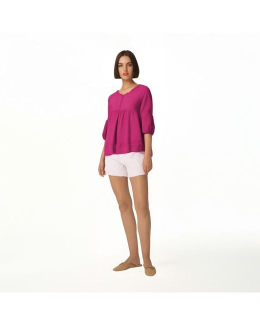 Haris Cotton Pink Flowy Three-Quarter Sleeve Blouse With Gathered Detailing Pomegranate