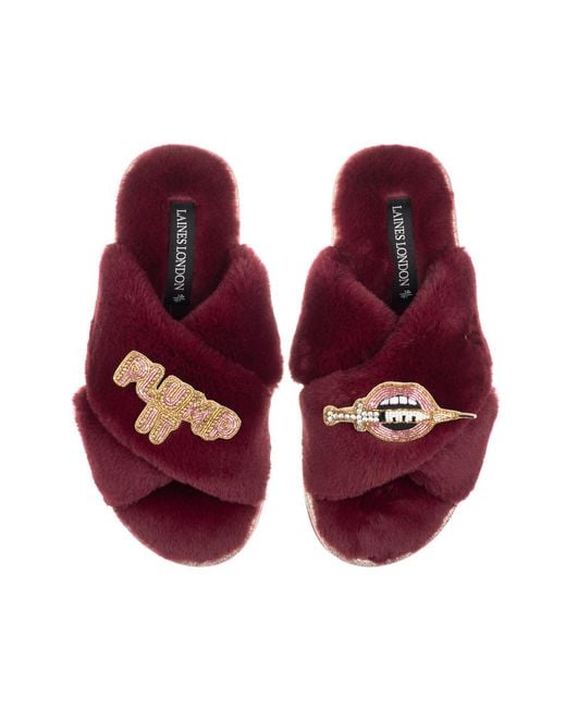 Laines London Purple Classic Laines Slippers With Plump It Pout Brooches