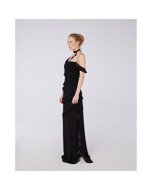 House of Ika Black Slit Ruffle Viscose Maxi Dress