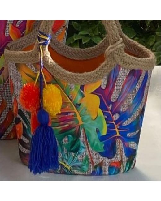 Springmoonatelier Blue Colorful Jute Straw Beach Bag With Tassels