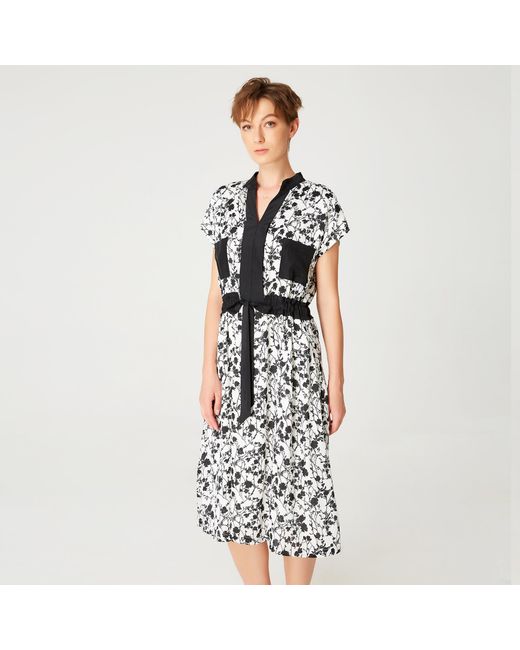 Smart and Joy Black Bi-Material Dress With Monochrome Floral Print And Drawstring Belt