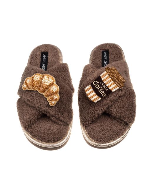 Laines London Brown Neutrals Laines Neutral Boucle Slippers With Coffee & Croissant Brooches