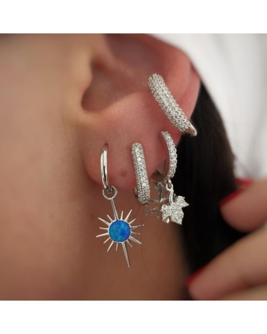 Spero London Blue Opal Northern Star Starburst Drop Hoop Earring Sterling