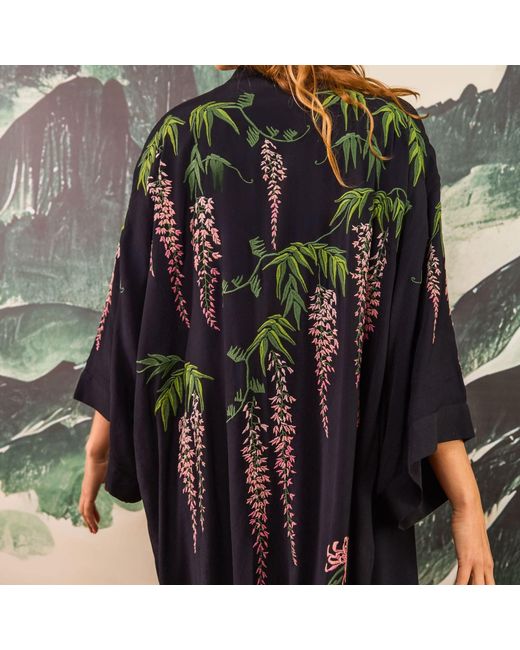 Artemis Muse Black Wisteria & Chrysanthemum Embroidered & Fully Lined Long Kimono