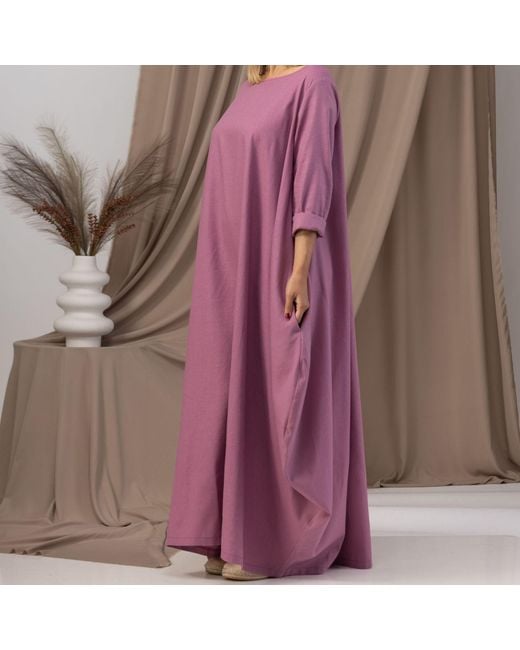 Nikka Place Pink Oversized Linen Maxi Dress With Belt And Bracelet Sleeves