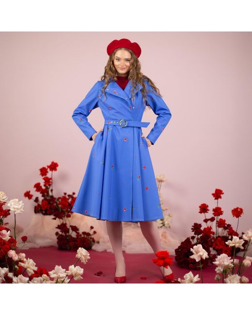 RainSisters Blue Trench Coat With Flower Print: Forget Me Not