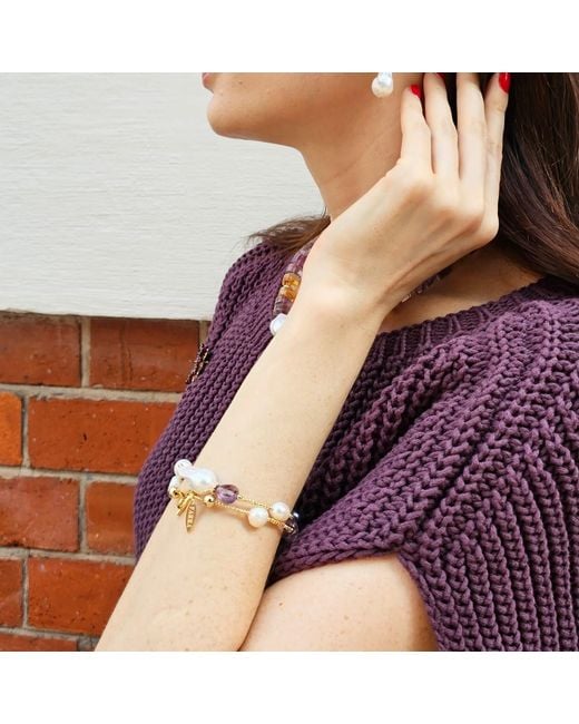 Farra Metallic Baroque Pearls With Heart Shaped Amethyst Bracelet Choker