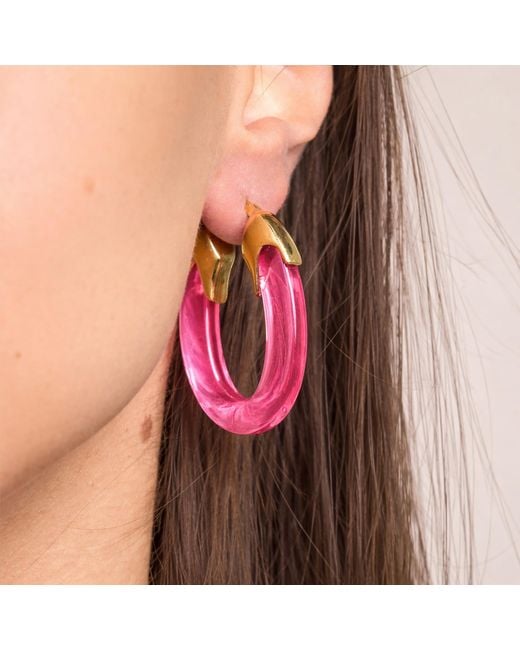 Gold & Honey Pink Tourmaline Carved Oval Lucite Birthstone Hoop Earrings
