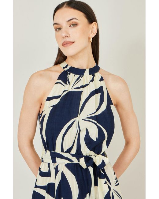 Yumi' Blue Geo Swirl Print Halter Maxi Dress