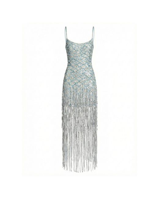 Mac Duggal Gray Sleeveless Sequin Fringe Midi Dress