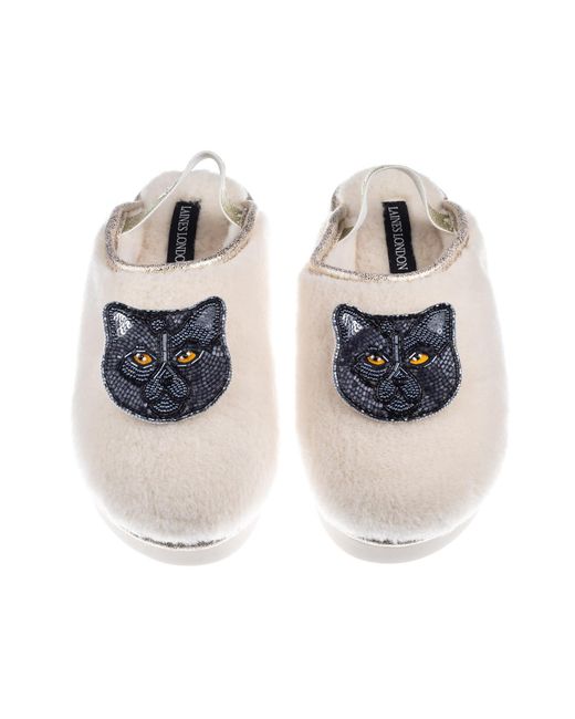 Laines London Multicolor Neutrals Flatform Cloud Slippers With Double British Shorthair Cat Brooches