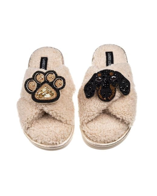 Laines London Brown Neutrals Laines Neutral Boucle Slippers With Little Sausage The Dachshund & Paw Brooches