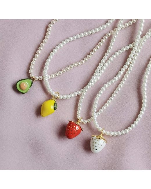 POPORCELAIN Metallic Mini Porcelain Avocado Swarovski Pearl Necklace