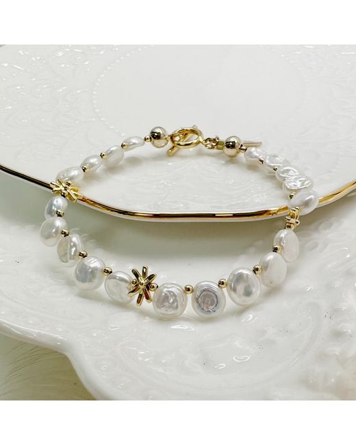 Farra Metallic Flower Petals Freshwater Pearls Bracelet