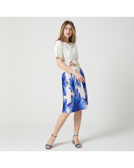 Lalipop Design Blue Floral-Print Elasticated-Waist Pleated Recycled Fabric Midi Skirt