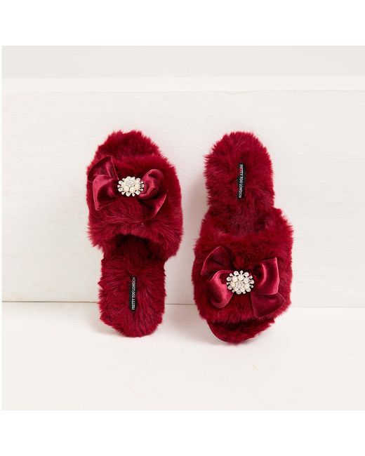 Pretty You London Red Anya Slider Slipper With Diamante