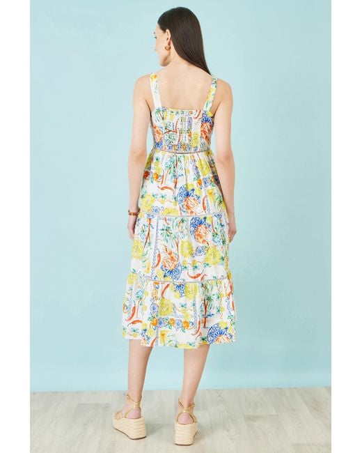 Yumi' White Mediterranean Print Cotton Midi Sun Dress