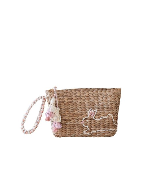 LIKHÂ Brown Neutrals Handwoven Seagrass Bunny Wristlet Pouch With Tassels
